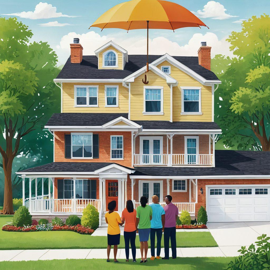 A detailed illustration of a serene suburban home with a protective shield overlay, symbolizing insurance coverage. In the foreground, a diverse group of homeowners discussing risk management strategies, surrounded by icons representing various insurance plans, such as a house, umbrella, and money. Soft, inviting colors to evoke a sense of security and trust. super-realistic. vibrant colors. white background.
