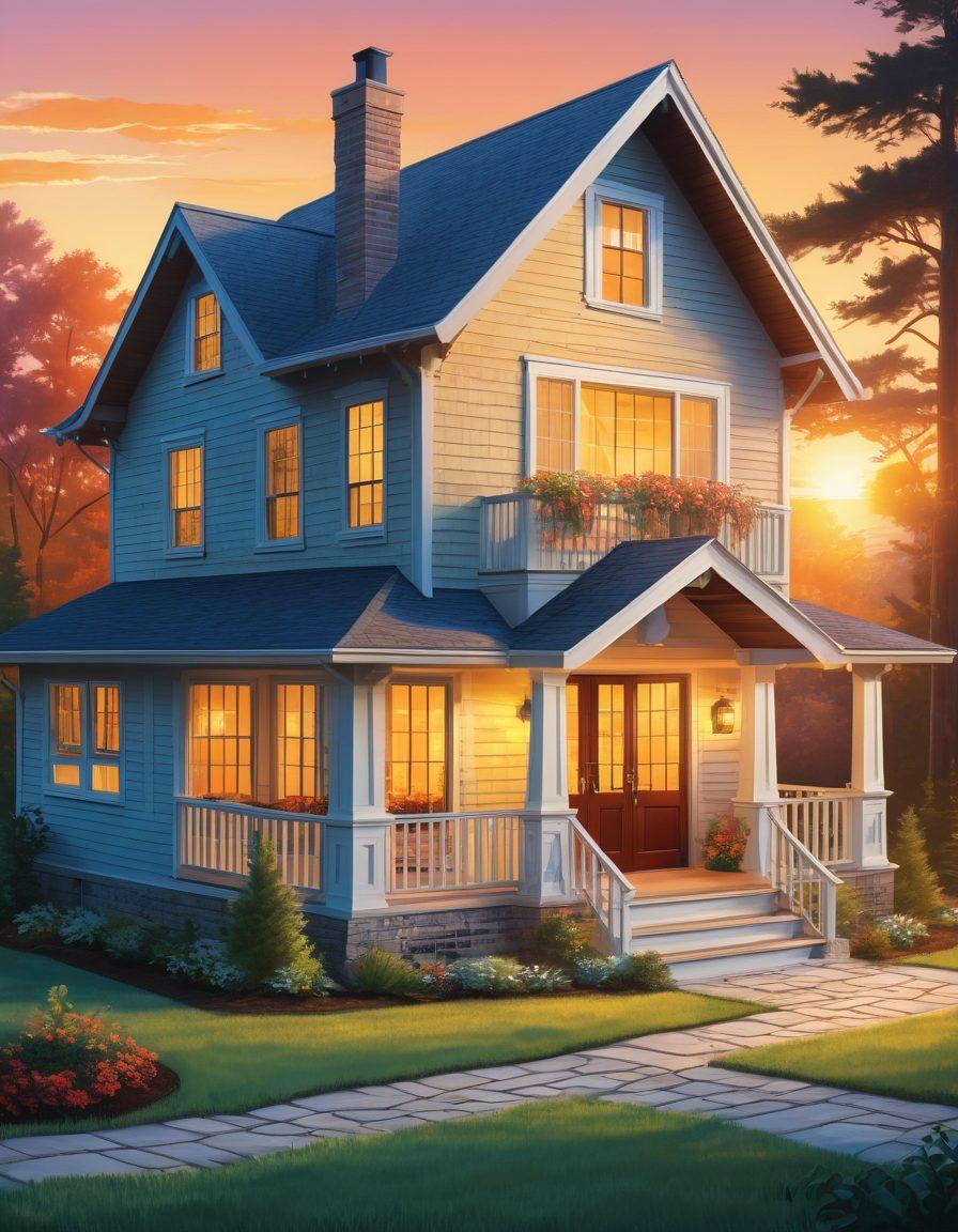 A serene illustration of a cozy home surrounded by various insurance symbols like shields and locks, representing security. There are blueprints and house plans scattered around, highlighting the importance of preparation. A gentle sunset in the background casts warm light, evoking a sense of safety and comfort. This image encapsulates the essence of home insurance through vibrant colors and inviting details. vibrant colors. vector art. 