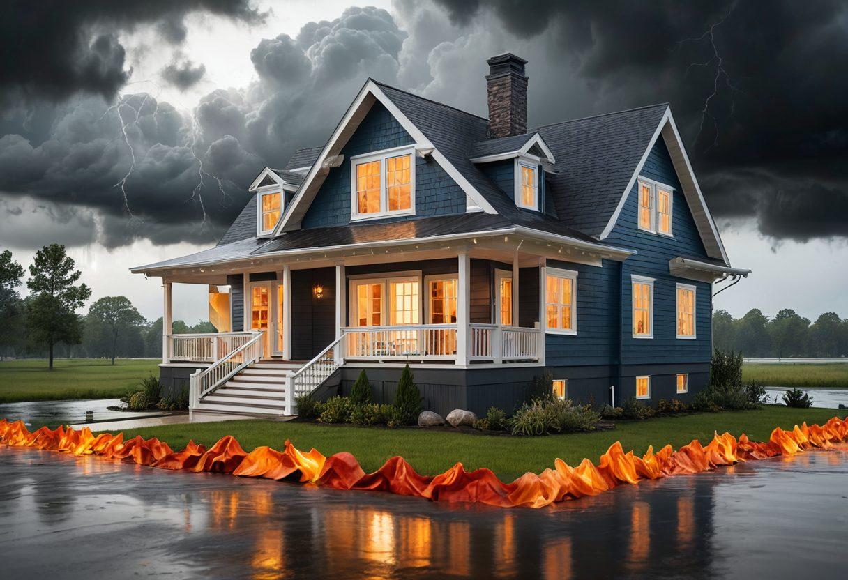 A cozy, well-designed home surrounded by various risk elements like storm clouds, fire, and flooding, with a protective shield overlay symbolizing home insurance. Include blueprints of the house plans subtly integrated into the background, conveying design and security. The scene should evoke a sense of safety and preparedness. super-realistic. vibrant colors. white background.
